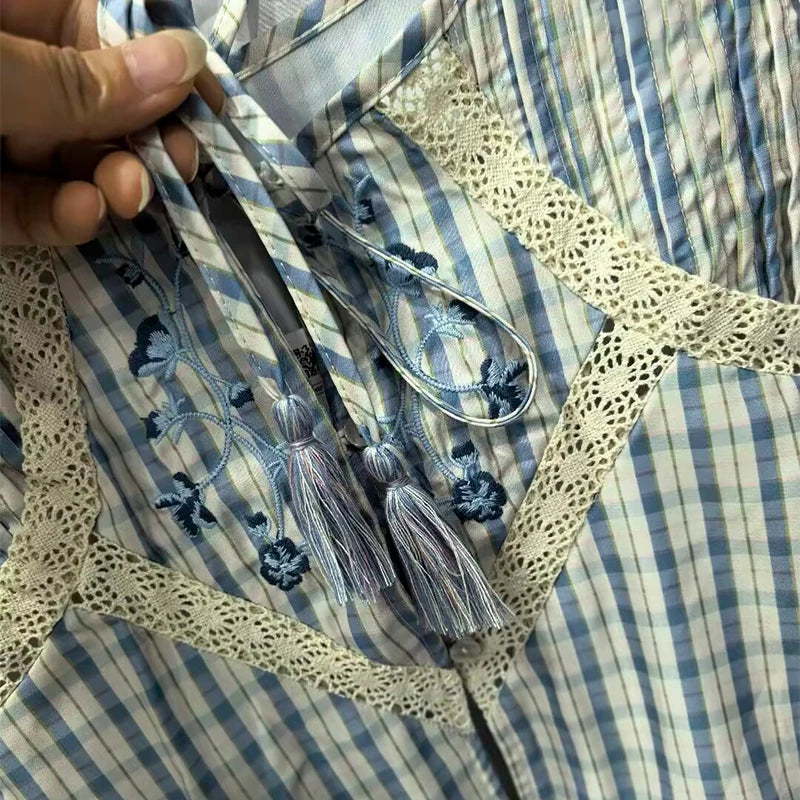 LIZAKOSHT  -  Embroidered Plaid Ruffle  Top Round Neck Uneven Flounce Hem Spring Summer Picnic  Lady Women Cottage Vintage Sweet  Outfit