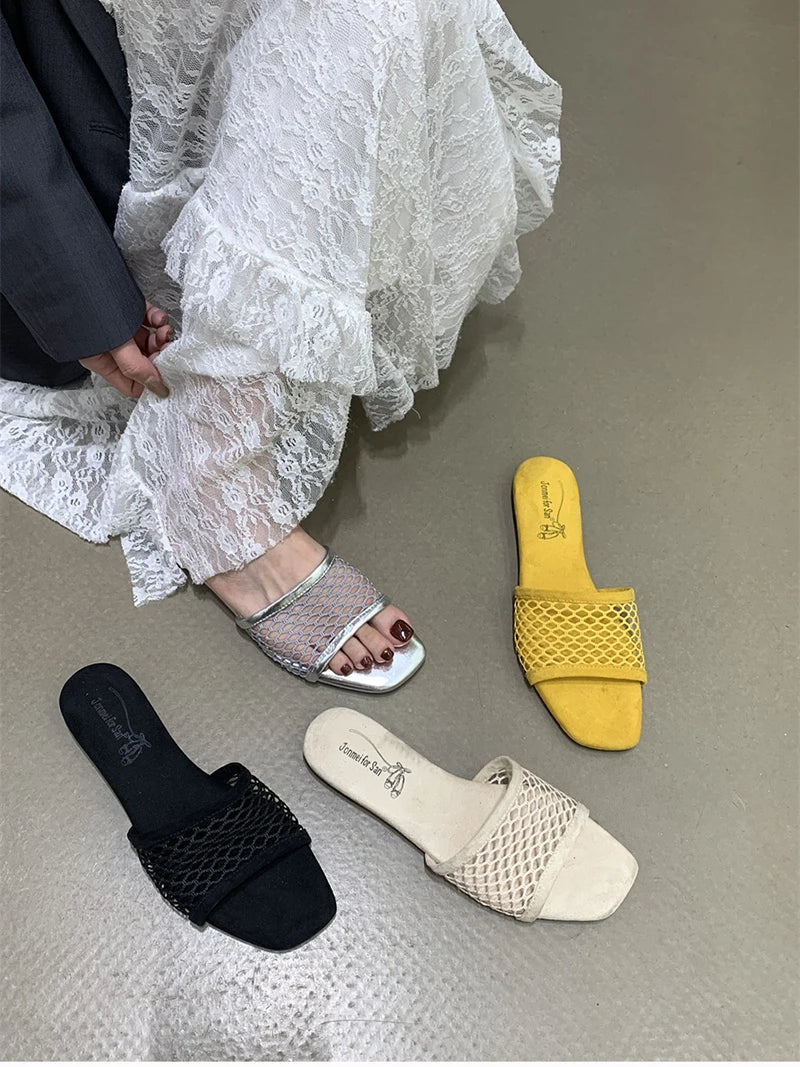 LIZAKOSHT  -  Summer Hollow Out Women Slippers Concise Open Toe Soft Sole Flats Slide Ladies Outdoor Dress Sandalias