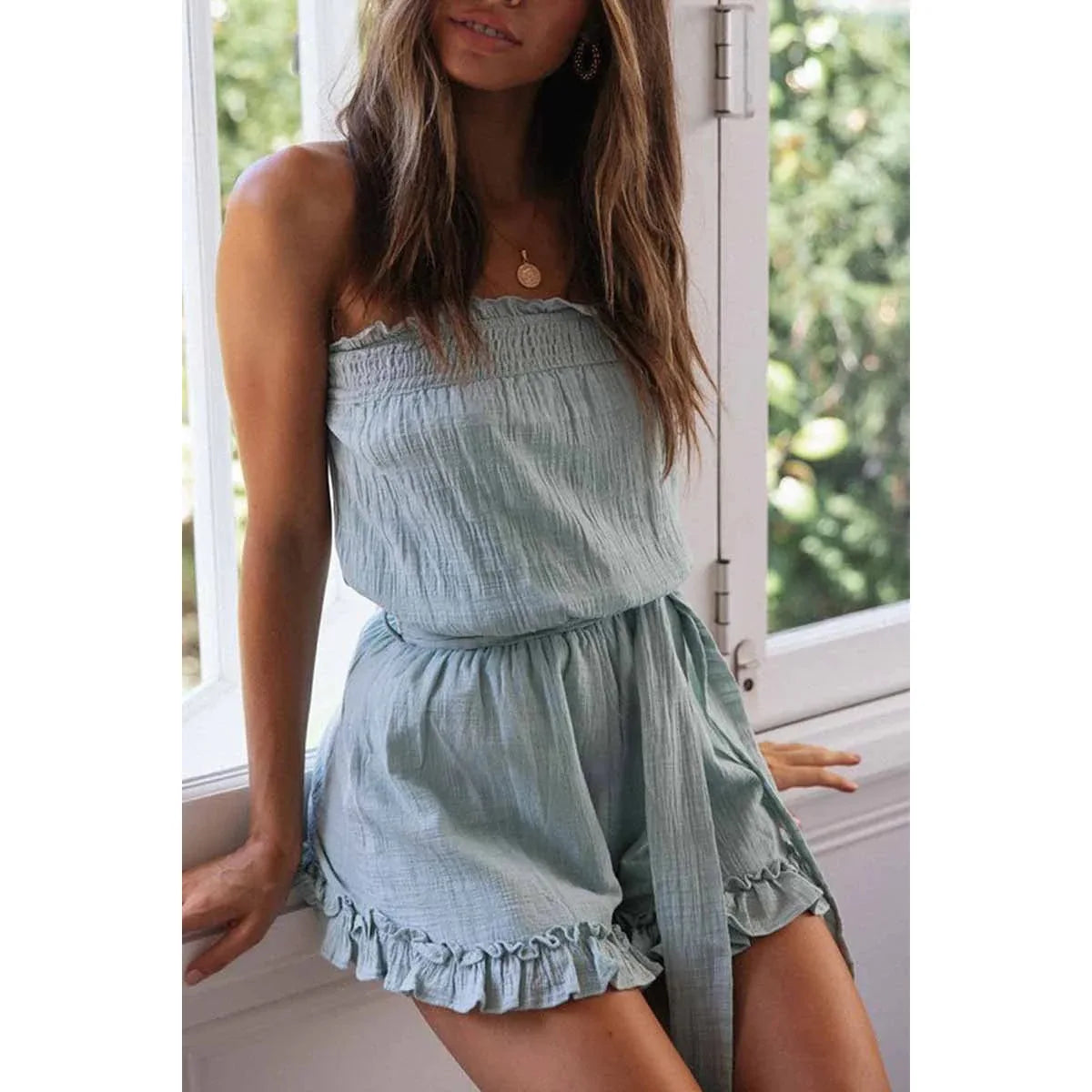 LIZAKOSHT  -  Women's Off Shoulder Ruffle Romper Casual Cotton Linen Belted Jumpsuit Shorts for Summer