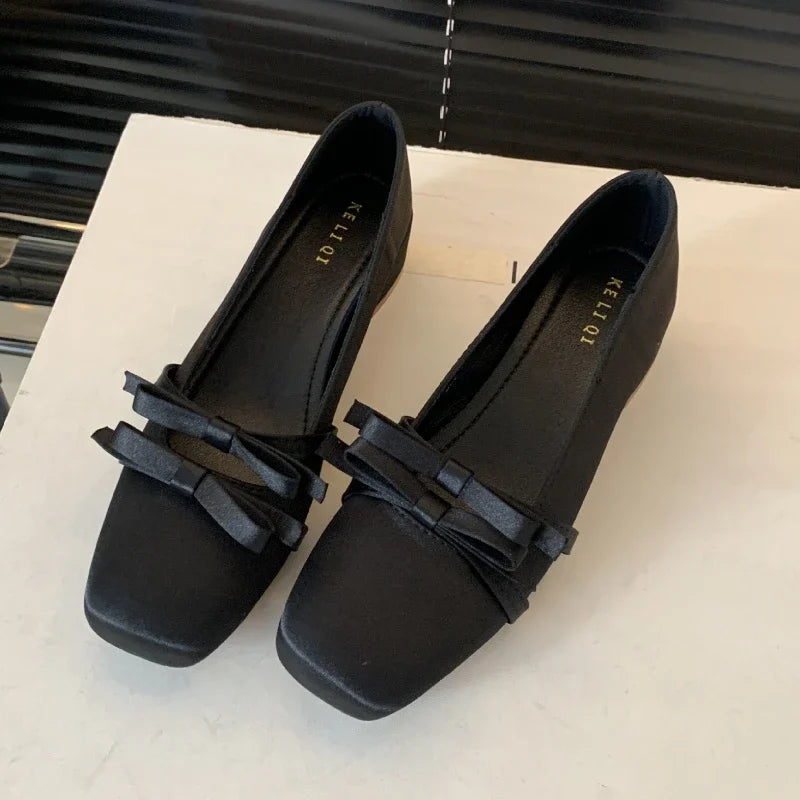 LIZAKOSHT  -  Satin Bow Fashion Mary Jane Shoes Women Sweet Shallow Chunky Dress Shoes Female Comfort Elegant Low Heel Square Toe Pumps Women