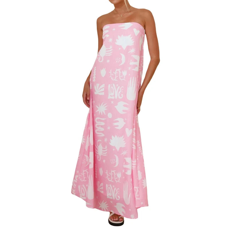 LIZAKOSHT  -  Women Graphic Strapless Long Tube Dress Vintage Off Shoulder Backless Maxi Dress Flowy Summer Holiday Beach A-line Dress