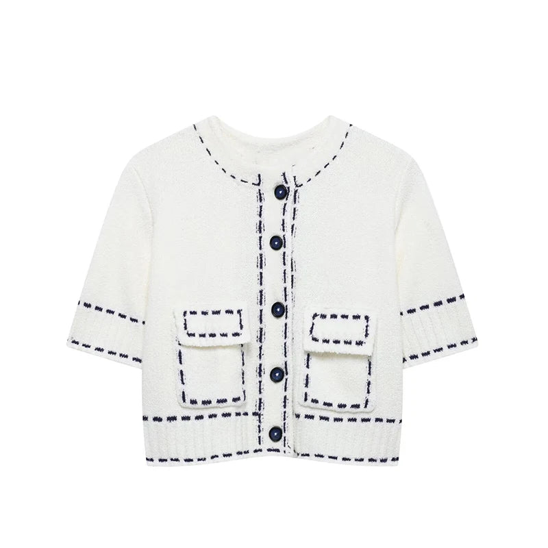LIZAKOSHT  -  Fashion Knitted Top For Women O-neck Short Sleeve Single Breasted Pocket Mini Blouses 2025 Summer Female  Casual Loose Outerwear