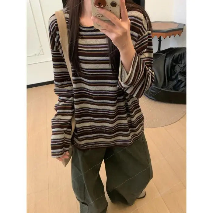 LIZAKOSHT  -  Loose Long Sleeve round Neck Striped T-Shirt Women's Spring Autumn New Design Casual American Base Shirt Top Comfortable
