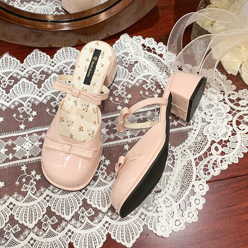 LIZAKOSHT  -  Summer Butterfly-knot Cover Toe Women Slippers Elegant Thick Heel Dress Slides Ladies Concise Slingback Dress Sandals Mule Shoes