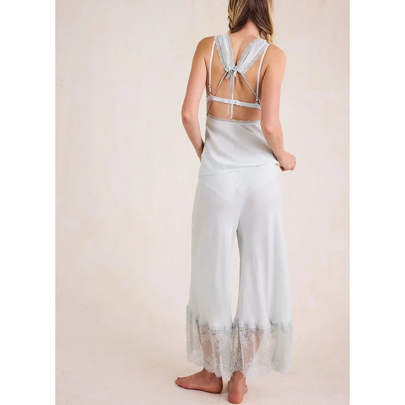LIZAKOSHT  -  Womens 2Pieces Lace Patchwork Satin Outfits Set Y2k Going Out Sleeveless Tied Open Back Camis+ Long Pants Loungewear