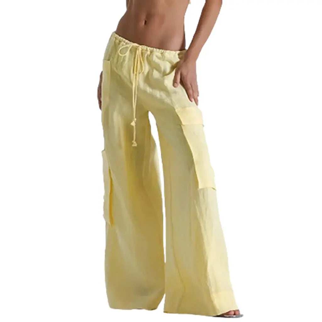 LIZAKOSHT  -  Women's Y2K Cargo Long Pants Solid Color Drawstring Elastic Low Waist Wide Leg Trousers with Multi Pockets Streetwear