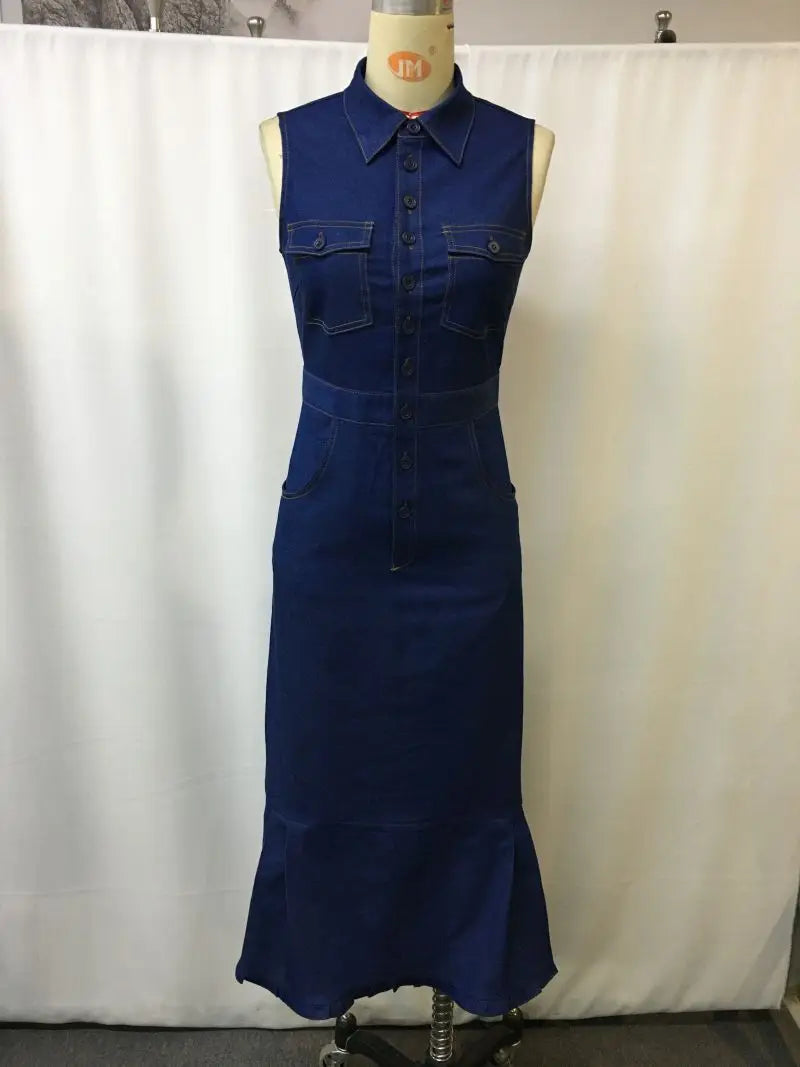 LIZAKOSHT  -  New Casual Fashion Dark Blue Denim Sleeveless Fishtail Midi Dress for Women - Stylish Summer Streetwea