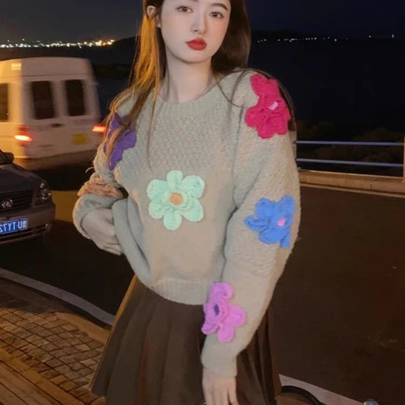 LIZAKOSHT  -  3D Floral Sweet Knit Sweater Women Loose Casual Lazy Wind Cute Long Sleeve Pullovers French Fall Winter Solid O Neck Jumpers New