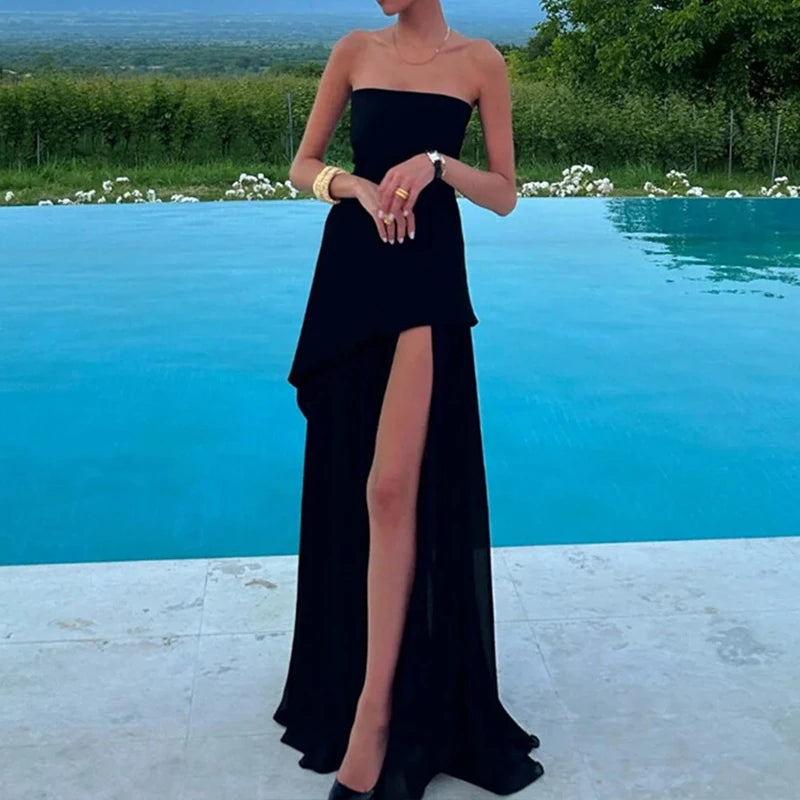 LIZAKOSHT  -  Casual Mesh Patchwork Women's Long Dress Fashion Strapless Split Banquet Dress Spring Summer Elegant Solid Holiday Dresses