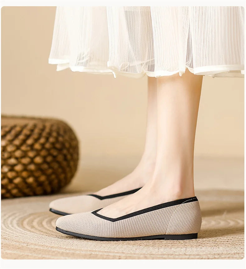 LIZAKOSHT  -  Women Spring Summer Comfort Fashion Knitting Fly Line Flat Shoes Luxury Shallow Mouth Square Toe Soft Sole Single Shoes