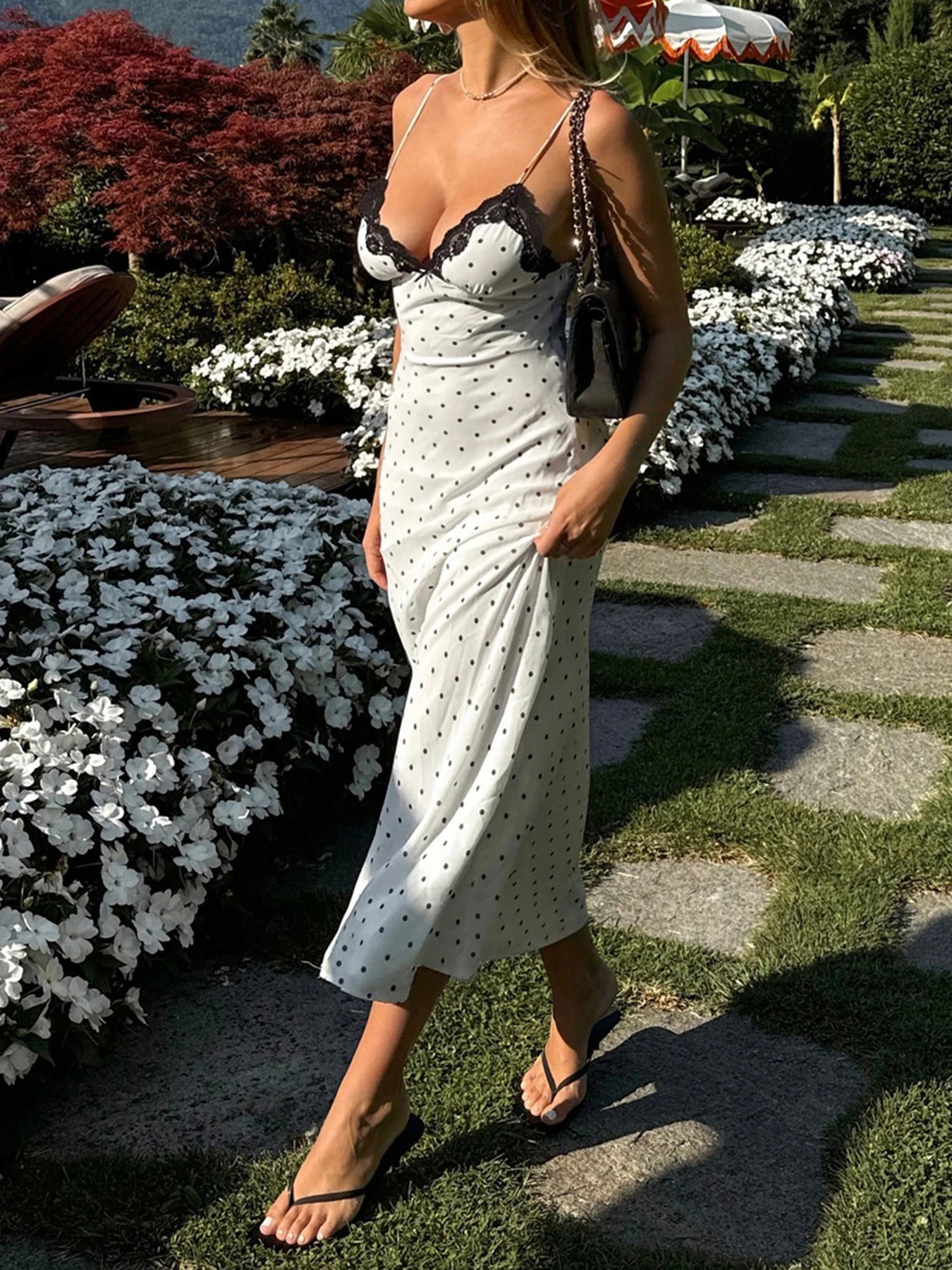 LIZAKOSHT  -  Lace Polka Dot Spaghetti Strap Dresses Sexy Hot Sweet Sleeveless Cloth Y2K Aesthetic Korean Fashion Women Outfits