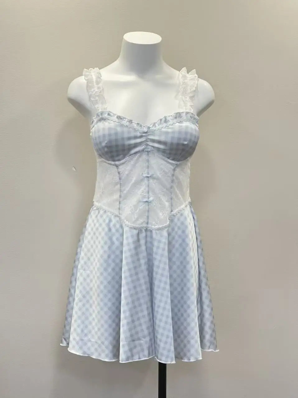 LIZAKOSHT  -  Sweet Heart Nightgowns Plaid Nightdress College Style Summer Sexy Nightgowns Spice Wide Edge Lace Dress Waist Skinny Nightgowns