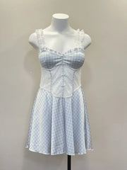 LIZAKOSHT  -  Sweet Heart Nightgowns Plaid Nightdress College Style Summer Sexy Nightgowns Spice Wide Edge Lace Dress Waist Skinny Nightgowns