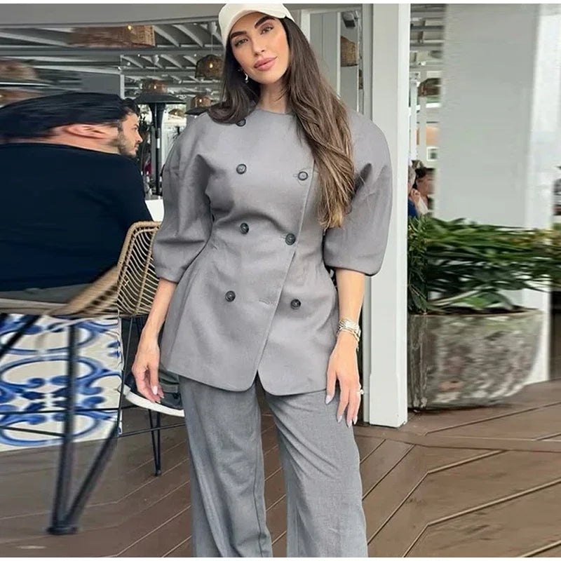 LIZAKOSHT  -  Retro Double Breasted Jacket Long Pant Set Lady Elegant Gray Waist-cinching Jackets Straight Pants Sets Women New Chic Steetwear