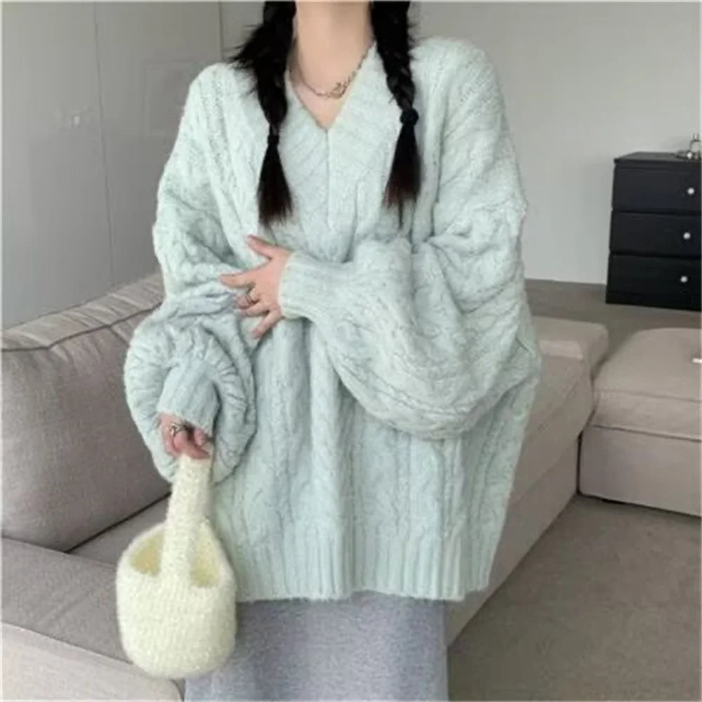  LIZAKOSHT  -  Korean Style V Neck Pullovers Sweater Women Spring Autumn Winter Ladies Knitted Elegant Party Pullover Long Sleeve Clothing Top