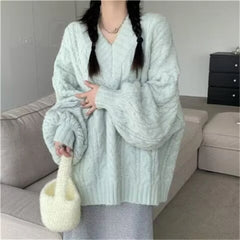  LIZAKOSHT  -  Korean Style V Neck Pullovers Sweater Women Spring Autumn Winter Ladies Knitted Elegant Party Pullover Long Sleeve Clothing Top