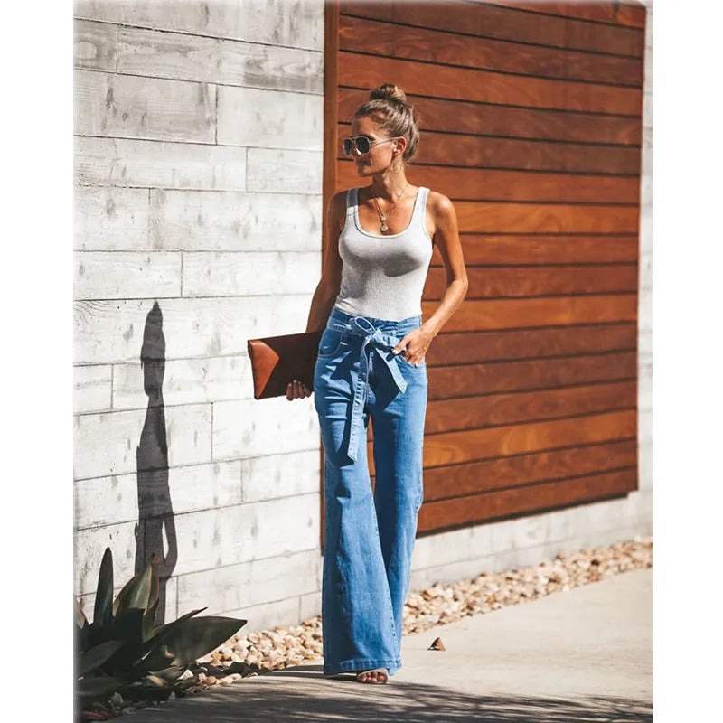 LIZAKOSHT  -  Blue Tie Waist Flare Jeans Women Slim Denim Trousers Vintage Clothes spring High  Pants Belted Stretchy Wide Leg
