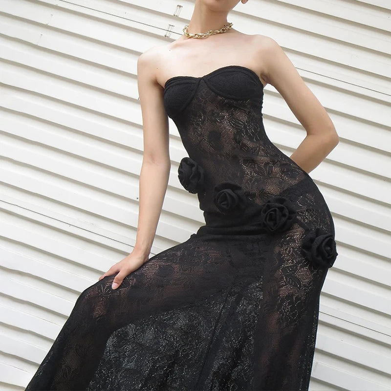 LIZAKOSHT  -  Summer Lace Strapless 3D Flowers Appliques Long Sleeveless Prom Club Dress See Through Sexy Solid Sheath Dress Vestidos