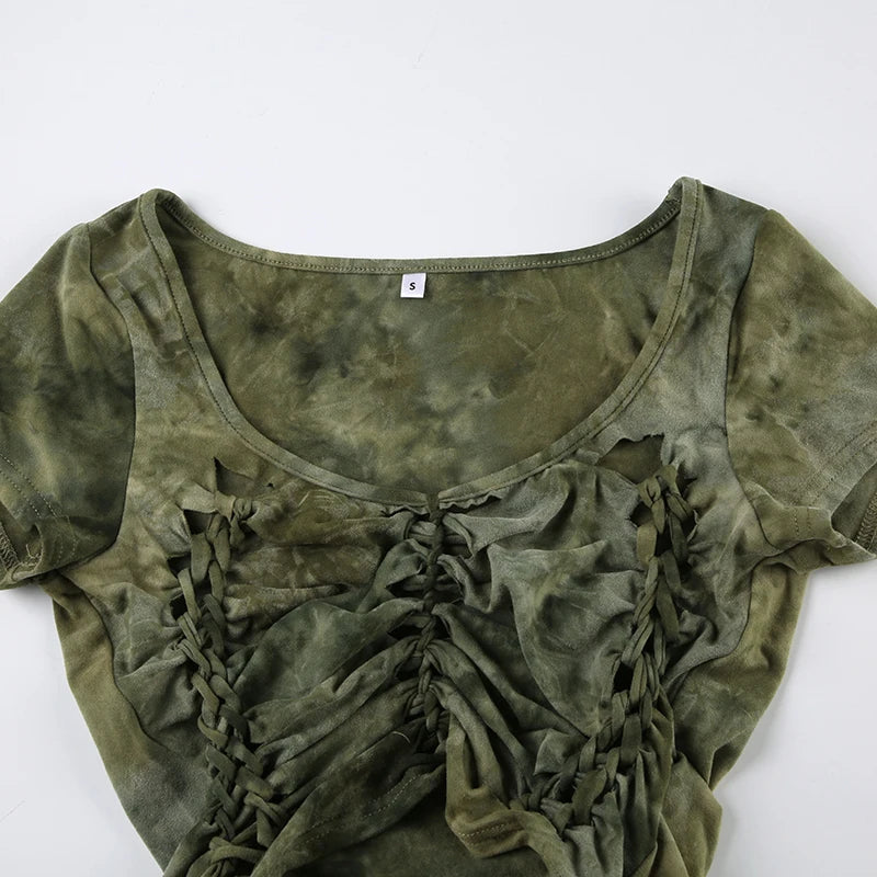 LIZAKOSHT  -  Grunge Fairycore Tie Dye Print Hollow Out T Shirt Slim Square Collar Short Sleeve Tees Women Summer Streetwear Lady