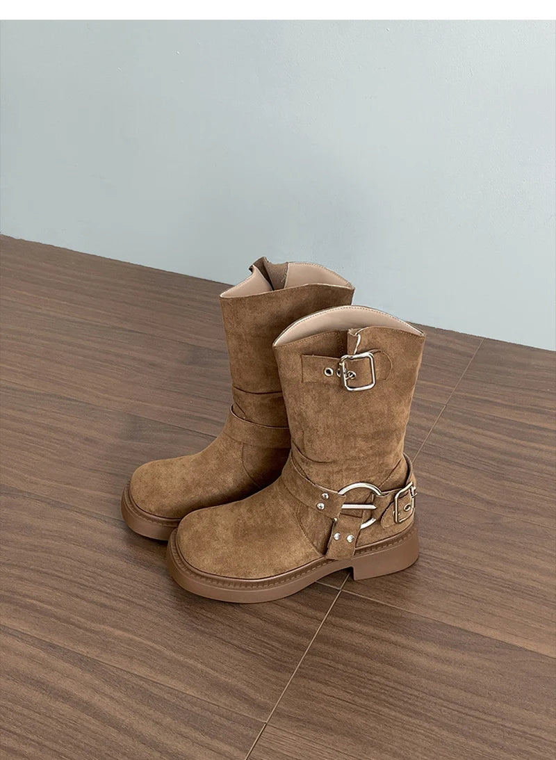 LIZAKOSHT  -  Vintage Low Heel Women Ankle Boots Fashion Belt Buckle Shoes Autumn Winter Short Booties Zapatos De Mujer