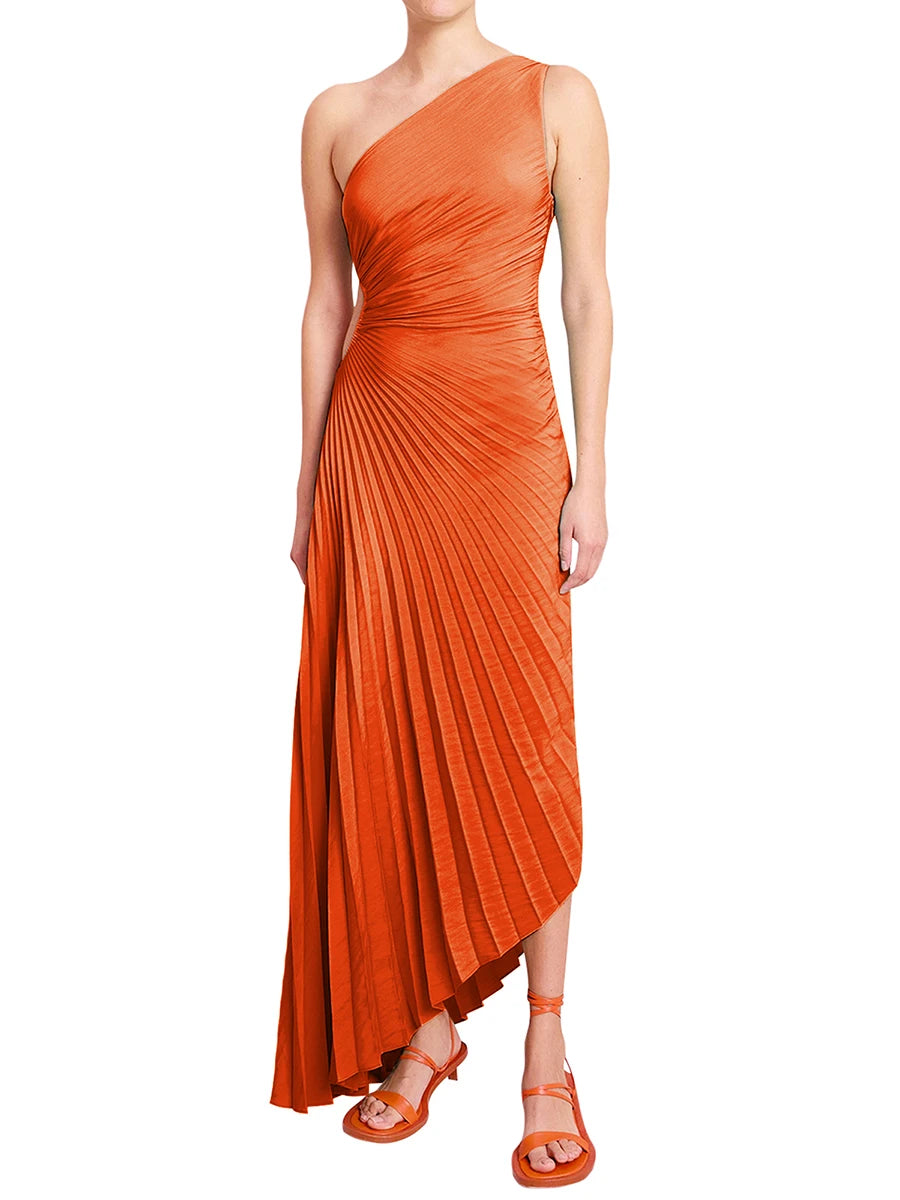 LIZAKOSHT  -  Elegant Fashion Women Party Pleated Bandage Dresses Lady Diagonal Collar Long Sleeveless One Shoulder Evening Wedding Dress