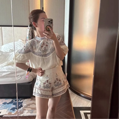 LIZAKOSHT  -  Bohemian Eyelet Lace Trim Short Sleeve Loose Top High Waist Summer Bohemian Beach Vacation Chic Linen-Blend Casual Outfit