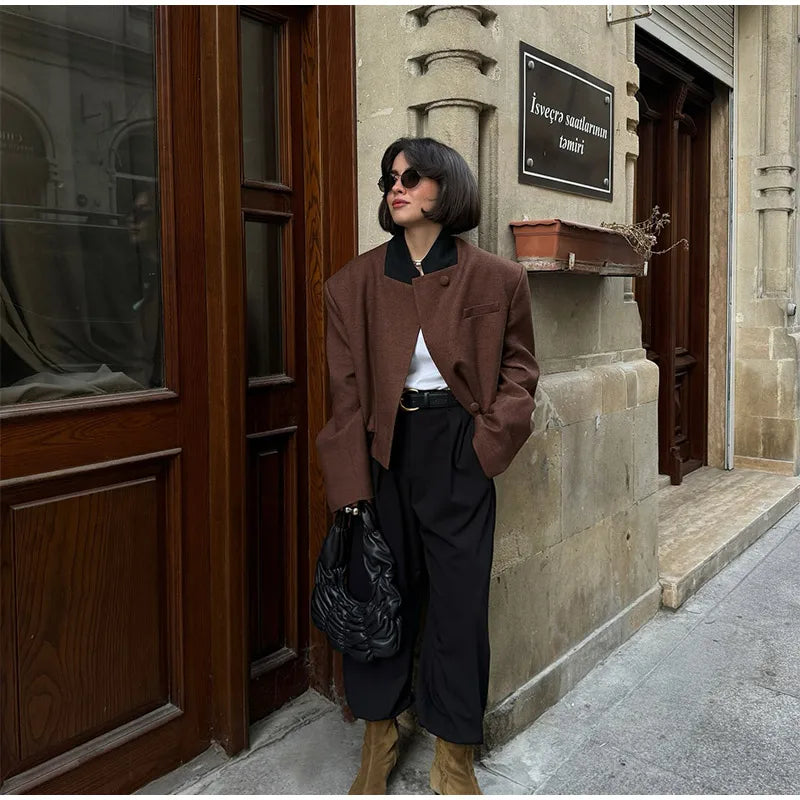 LIZAKOSHT  -  Women Vintage Lapel Neck Jackets Temperament Full Sleeve Pockets Short Jacket 2025 Autumn Lady Chic Daily Commute Outerwear
