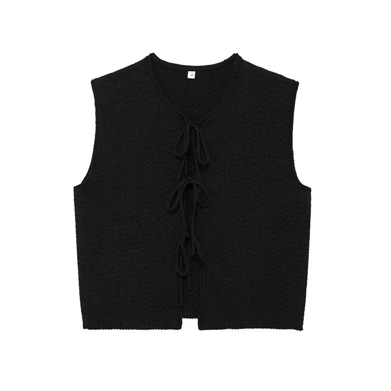 LIZAKOSHT  -  Casual Knit Lace Up Vests Women Loose Hollow Out Sleeveless O-neck Sweater Top Autumn New Lady Solid Cardigans Streetwear