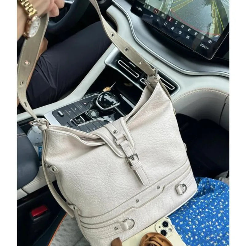 LIZAKOSHT  -  Harajuku White Bucket Bag Purse Women Hot Girls Leather Soft Casual Crossbody Bags Ladies Vintage Shoulder Messenger Bag