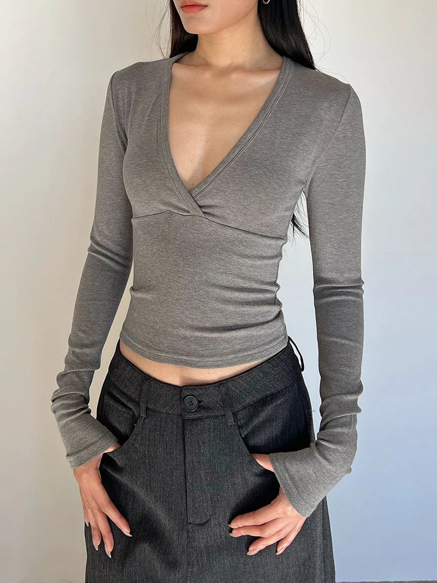 LIZAKOSHT  -  Cross V-neck Long Sleeve T-shirts Woman Autumn Cotton Slim Crop Top Female Casual Simple Solid All-match Basic Tshirts Y2k Tops