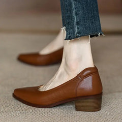 LIZAKOSHT  -  Women's Shoes Pumps Retro Brown Pointed Toe Thick Heels Spring Autumn Office Ladies Dress Pu Leather Fashion Elegant Woman Shoes