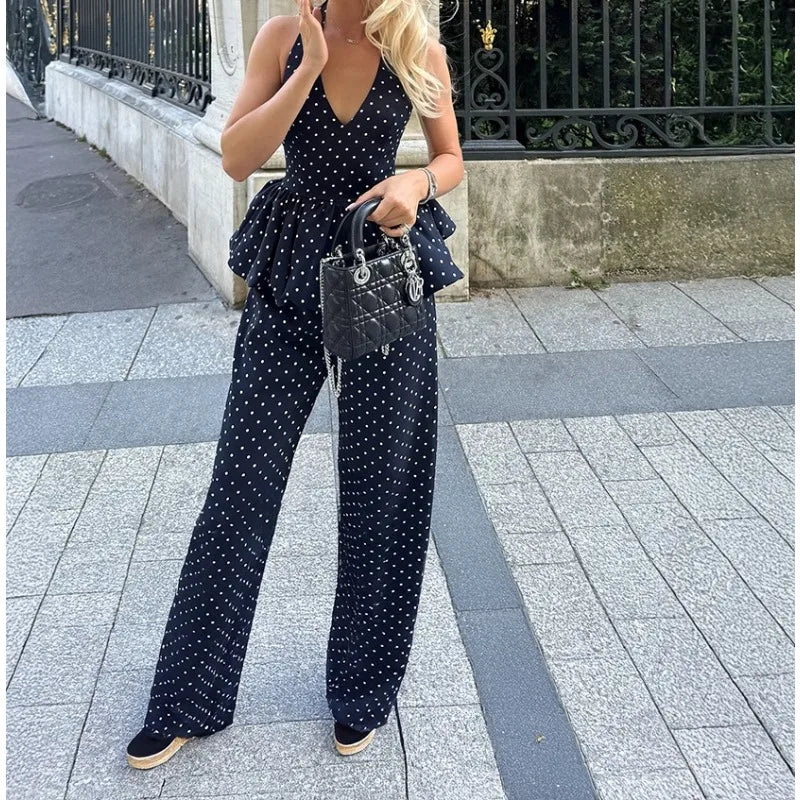 LIZAKOSHT  -  Polka Dot Printed Trousers Set 2026 Spring and Summer Spice Girl Temperament Neck Sling Wide Leg Trousers Set