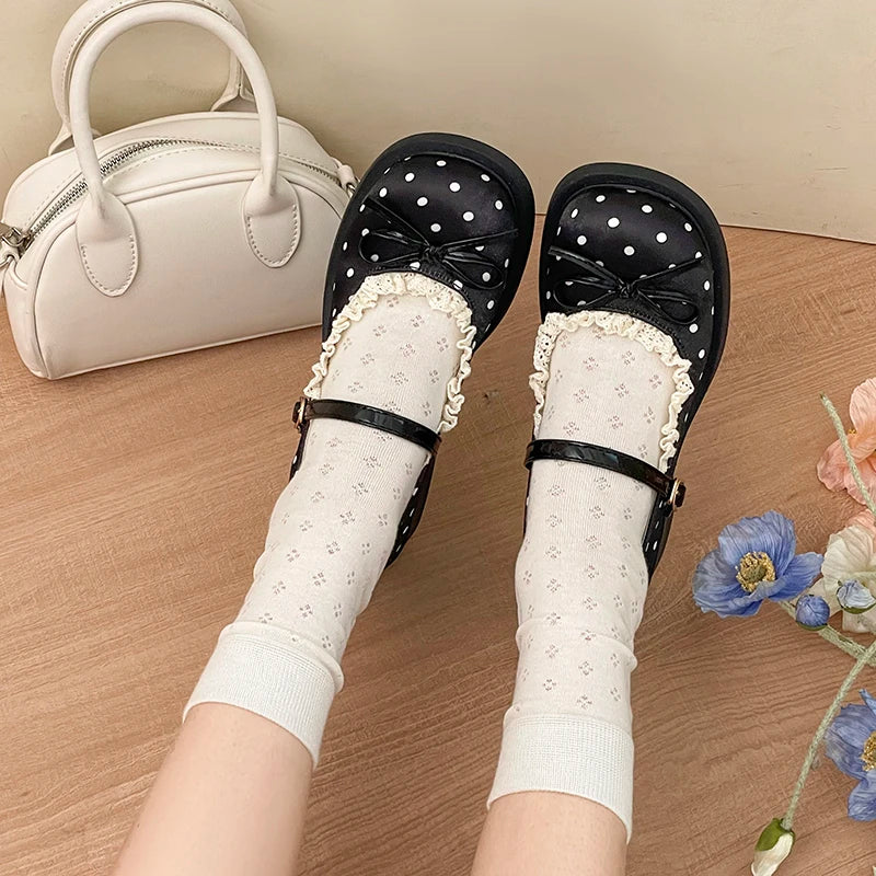 LIZAKOSHT  -  Cute Polka Dot Thick Heel Women Mary Jane Shoes Comfort Shallow Strap Pumps Ladies Eelgant Butterfly-knot Dress Single Shoes