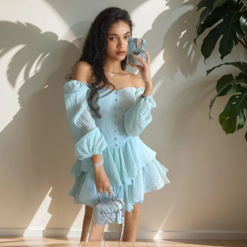 LIZAKOSHT  -  Casual Fashion Spring and Summer New Ruffles Patchwork Square Collar Long Sleeve High Quality Dress Solid Color Women's Clothing