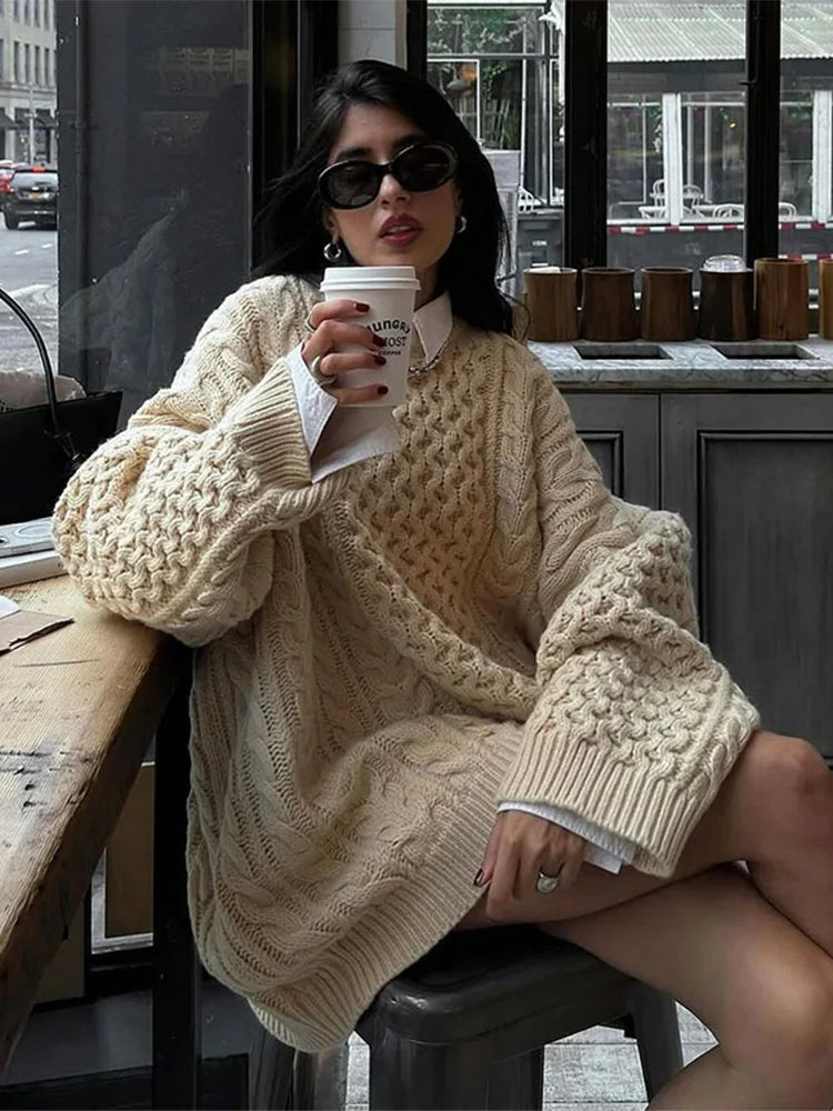 LIZAKOSHT  -  Chic Elegant Women's Fried Dough Twists Sweater Casual Fashion Long Wide Sleeved Thicken Jumper Female Autumn Warm Knitwear