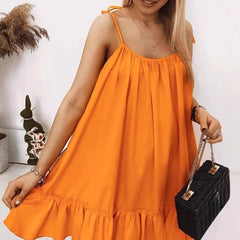 LIZAKOSHT  -  Summer New Solid Color Loose Lotus Leaf Hanging Strap Sexy backless Dress