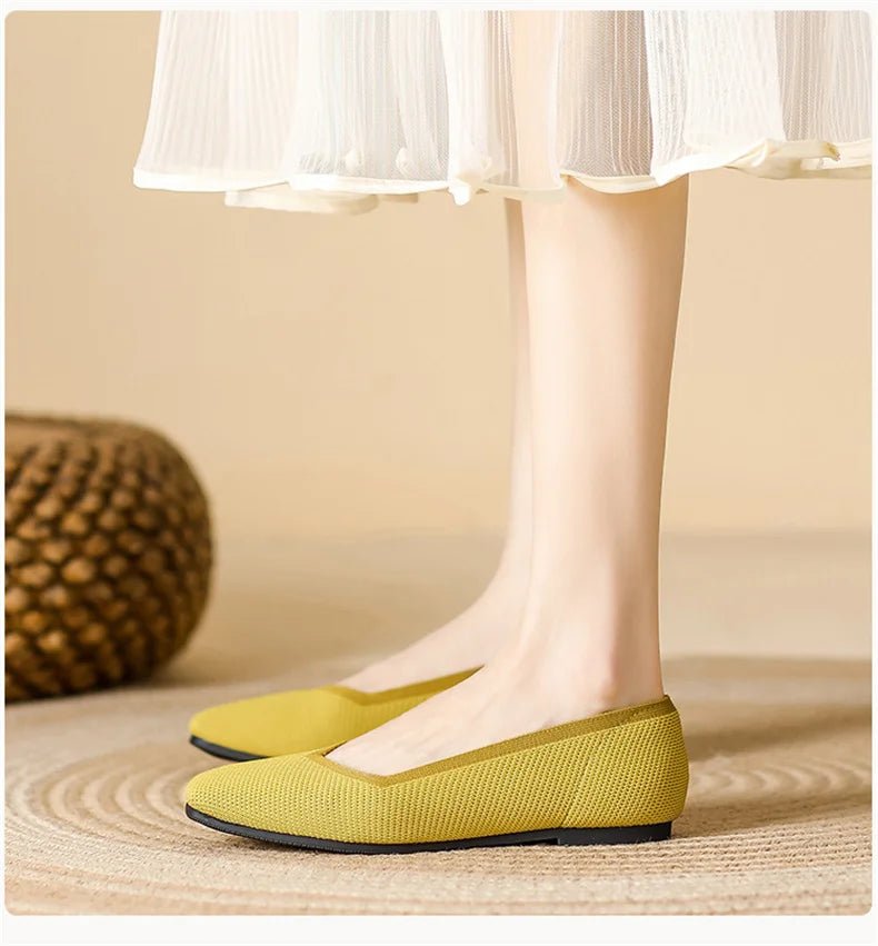LIZAKOSHT  -  Women Spring Summer Comfort Fashion Knitting Fly Line Flat Shoes Luxury Shallow Mouth Square Toe Soft Sole Single Shoes