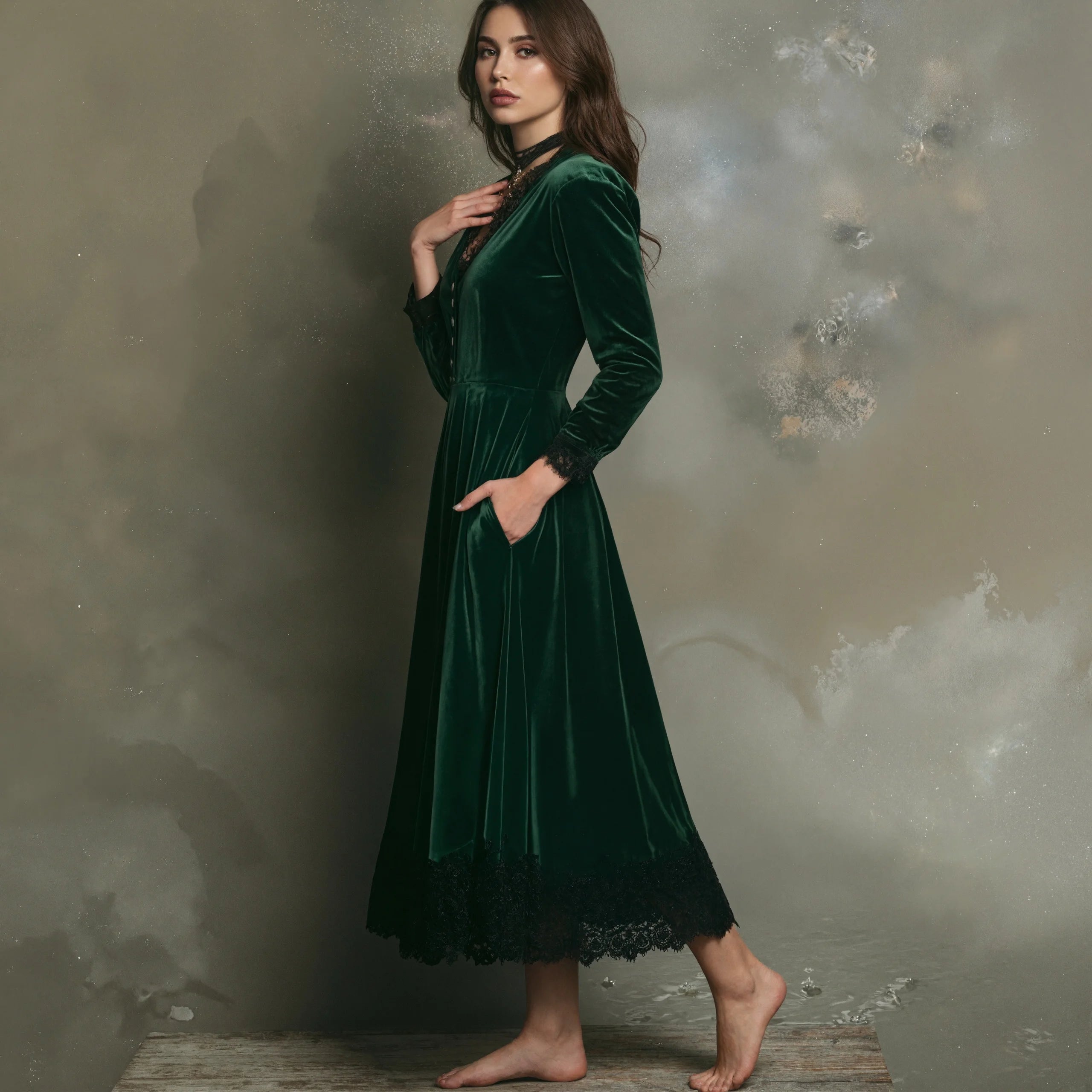 LIZAKOSHT  -  Elegant Women Velvet Dress Lace Splicing Sexy V Neck Long Sleeve Single Breasted High Waist Pocket A-Line Evening Party Dress