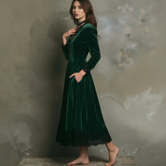 LIZAKOSHT  -  Elegant Women Velvet Dress Lace Splicing Sexy V Neck Long Sleeve Single Breasted High Waist Pocket A-Line Evening Party Dress