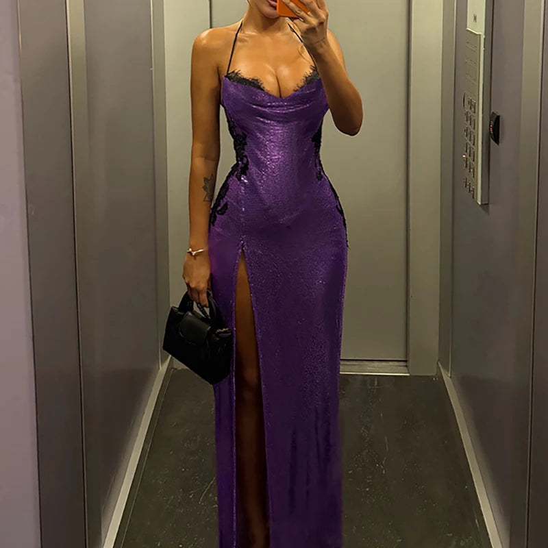 LIZAKOSHT  -  Woman Sexy Lace Patchwork Shiny Party Dress Fashion Split Hight Waist Long Dresses Elegant Halter Sleeveless Slim Banquet Dress