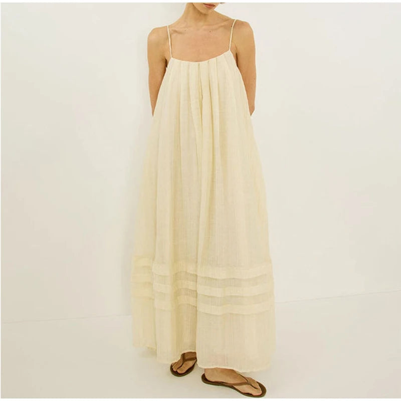 LIZAKOSHT  -  Casual Loose Pleated Sling Long Dress Women Chic Simple Beige Sleeveless Low Cut Holiday Dresses Lady Retro Summer Beach Vestido