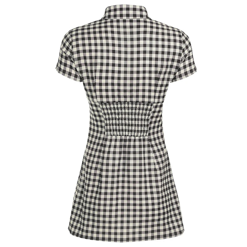LIZAKOSHT  -  French Style Plaid Straight Mini Dress Elegant Single-breasted Short Sleeve Bodycon Robe Back Shrried Slim Outfit Retro
