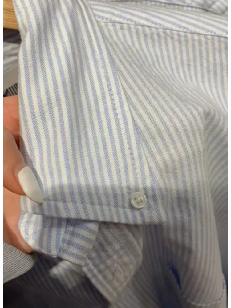 LIZAKOSHT  -  Casual Women Blue Single-breasted Striped Shirts Summer Fashion Ladies Polo Neck With Pocket Shirts Female Loose Shirts