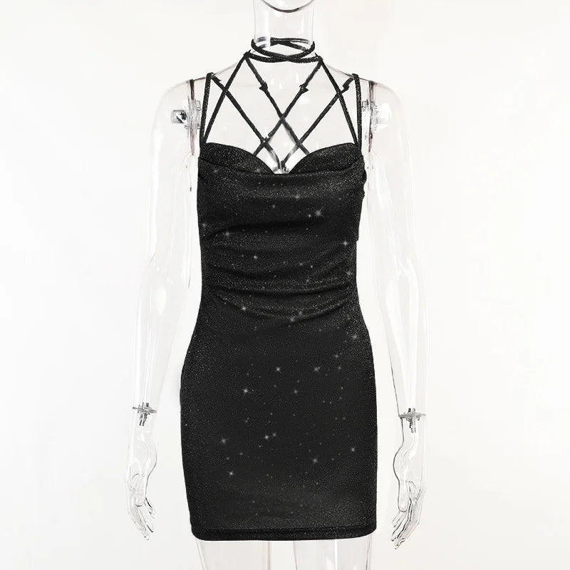 LIZAKOSHT  -  Women Dresses All Season Korean Fitting Slim Stick Sleeveless Off Shoulder Mini Dresses Party Club Vestidos Mini Dress