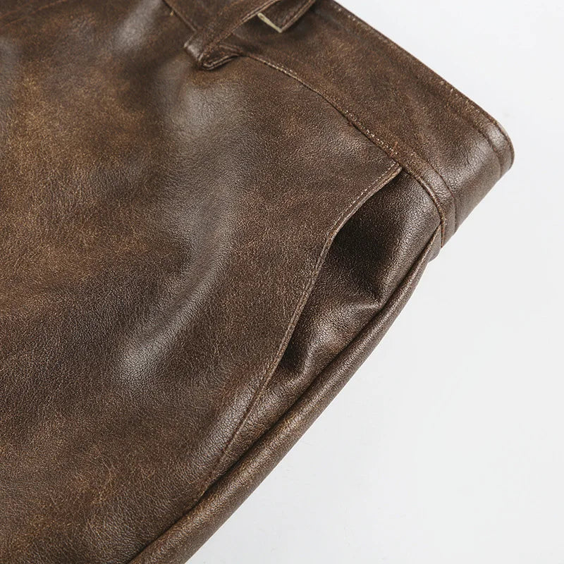 LIZAKOSHT  -  Y2k Brown Faux Pu Leather Low Waist Mini Skirts for Women Pockets Button Vintage Femme Club Streetwear Sexy Autumn Skirt