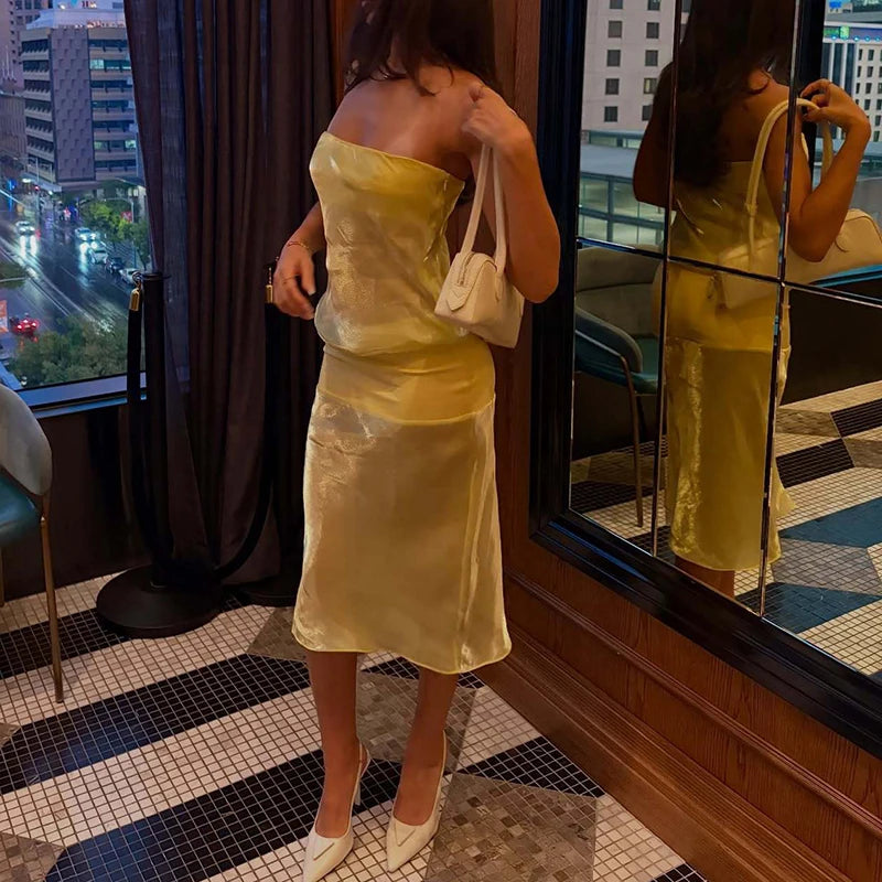 LIZAKOSHT  -  Elegant Strapless Sleeveless Draped Slim Midi Dress Fashion Shiny Solid Party Dresses Sexy See Through Patchwork Vacation Dress