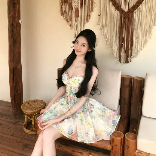 LIZAKOSHT  -  Summer French Coquette Floral Print Mini Dress Women Slim Fit Corset Spaghetti Strap Ruched Flared Hem Party Clubwear Outfit