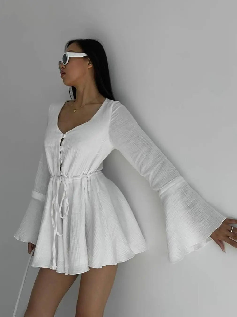 LIZAKOSHT  -  Autumn New American Cute Drawstring Flared Sleeve V-neck Dress for Women Lace-up Daily Long-sleeved Dress for Age Reduction