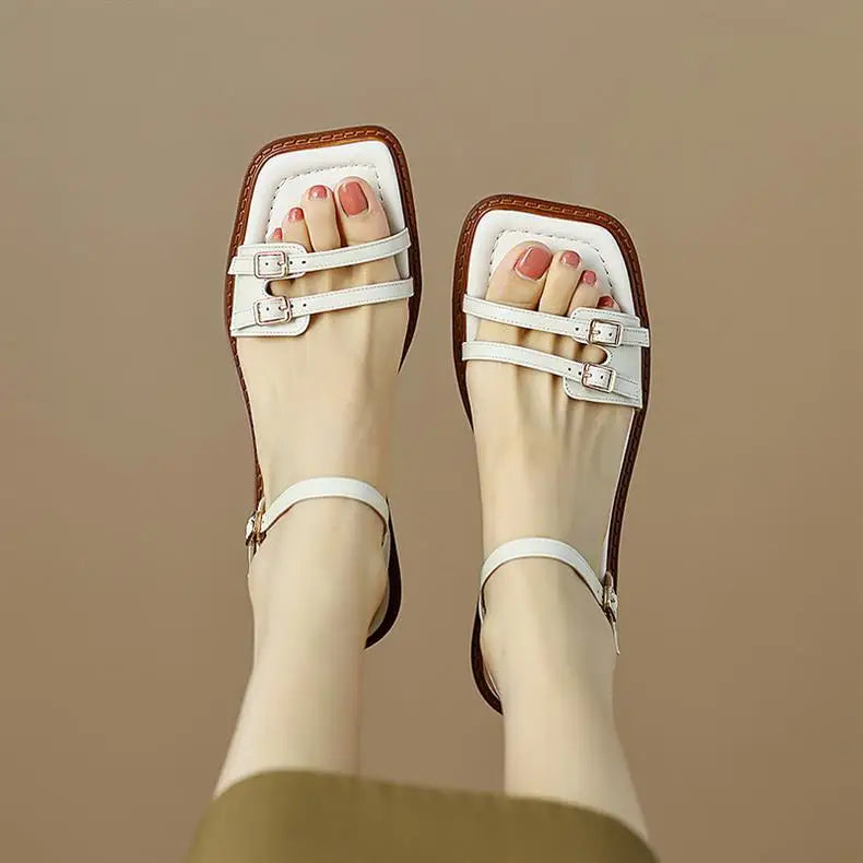 LIZAKOSHT  -  new summer double buckle women sandals retro low heel narrow band gladiator sandalias mujer dress shoes summer footwear