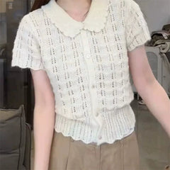 LIZAKOSHT  -  French Style Ice Silk Knitted Short Sleeve T-Shirt Cardigan Turn Down Collar Summer New Women's Loose Soft Breathable Clothing